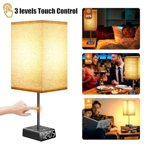 Touch Control Nightstand Light,Bedside Lamp with Alarm Clock&Charging Station - 2 Alarm Clock+ 2AC + 1USB-A + 1USB-C,Lamps with USB Ports and Outlets,3-Level Dimmable Touch Lamp