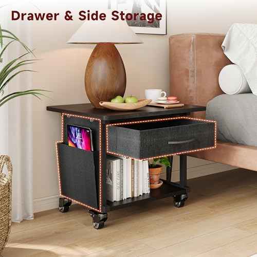 2 Tier Industrial-Grade Printer Stand with Storage, Printer Table with Storage & Drawer, Heavy Duty Shelf for Small Space, Office Organization for Home Office (Obsidian Black)