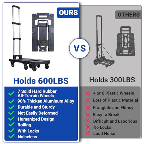 Upgraded 600LB Heavy Duty Folding Hand Truck Dolly, Light Weight Utility Dolly Platform Cart with 7 Wheels, Brakes, Handle Lock, and 2 Elastic Ropes for Luggage, Moving, Shopping Use