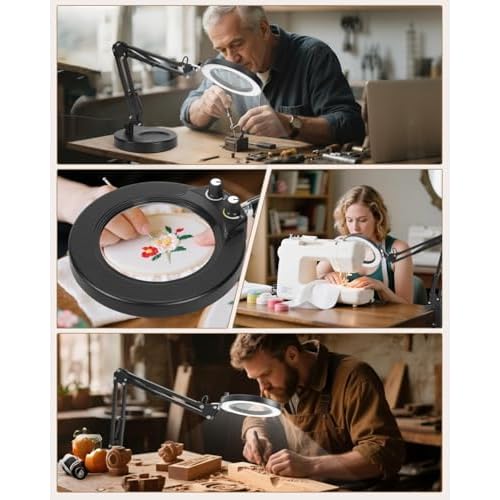 LANCOSC 10X Magnifying Glass with Light and Stand, Switch Knob for Multi-Color Modes Stepless Dimmable, LED Lighted Desk Lamp & Clamp, Hands Free Magnifier for Repair Crafts Hobby Painting Close Work