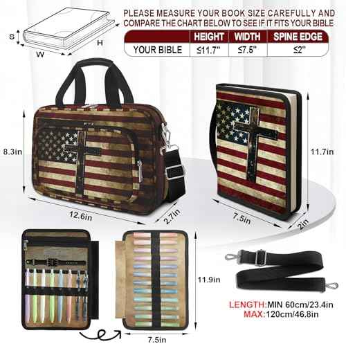 American Flag Cross Bible Cover Case for Women Men Boys, Large Bible Bag Book Carrying Case with Strap & Handle Zipper Pocket, Bible Study Supplies Journaling Kit, Highlighters and Pens Cross Clips