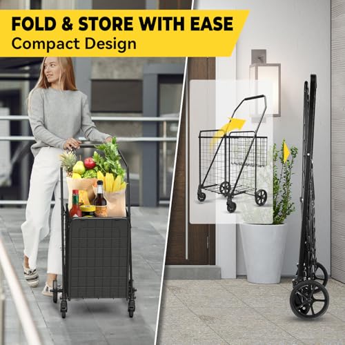 Folding Shopping Cart with 360¡Æ Rolling Swivel Wheels - Foldable Grocery Cart with Double Basket & Waterproof Liner, Portable Heavy Duty Utility Carts for Laundry