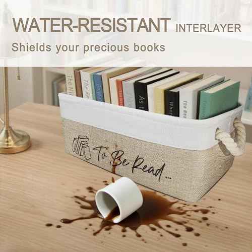 Book Lovers Gifts TBR Book Storage Basket with Back Side Pocket to Be Read List Storage Bin Reading Accessories for Club Members & Librarians Bookish Gifts (White and Brown)