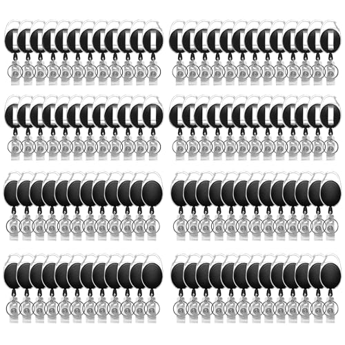 Vetoo 100 Pack Retractable Black Badge Reel with Clip, Carabiner, and Key Ring ? Coil Nylon Rope Badge Reel Keychain for School, Nurses, and Office Use