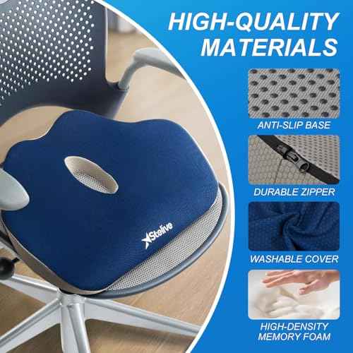 Memory Foam Seat Cushion Butt Support Pillow Office Chair Car Seat Cushion Coccyx Cushion Orthopedic Pillow Removable Cover for Tailbone and Coccyx Pain Relief (Blue, Grey)