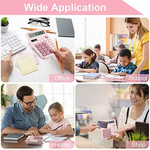 Office Desk Calculator with Solar Power, 12 Digits Large LED Display, Calculators Desktop with Big Buttons, Pink Office Home School Supplies (Pink)