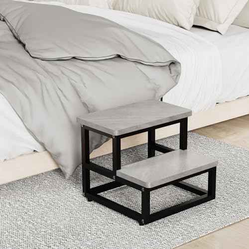 Step Stools, Heavy Duty Stepping Stool for Kids Adults, Non-Slip Metal and Wooden 2 Steps Foot Stool for High Beds and Kitchen, Round Corner, 500 Lbs Capacity, Cement Gray