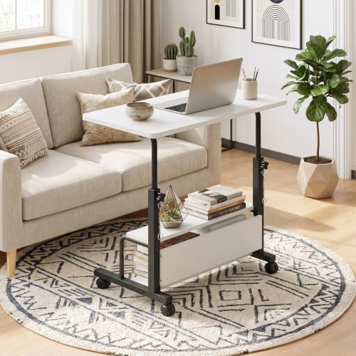 OLIXIS White 32in Rolling Adjustable Desk with Storage Shelves - Home Office