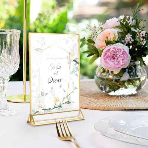 18 Pack Acrylic Sign Holder, 5x7 Inch Double-Side Gold Picture Frames Stands for Display, Vertical Table Top Sign Holders for Wedding, Party, Offices, Table Numbers, Home