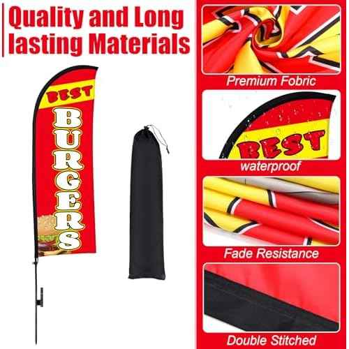 Buryeah 15ft Burgers for Business Advertising Feather Flag Sign with Flagpole Ground Stake Portable Bag Burgers Signs Banner for Outside Business