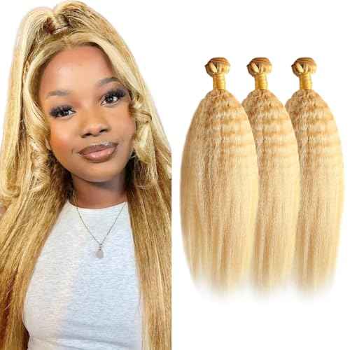 20 22 24 Inch P27/613 Highlight Blonde Bundles Human Hair Yaki Straight Bundles Honey Blonde Kinky Straight Bundle Unprocessed Brazilian Virgin Weave Hair 3 Bundle 50 Gram Per Bundle