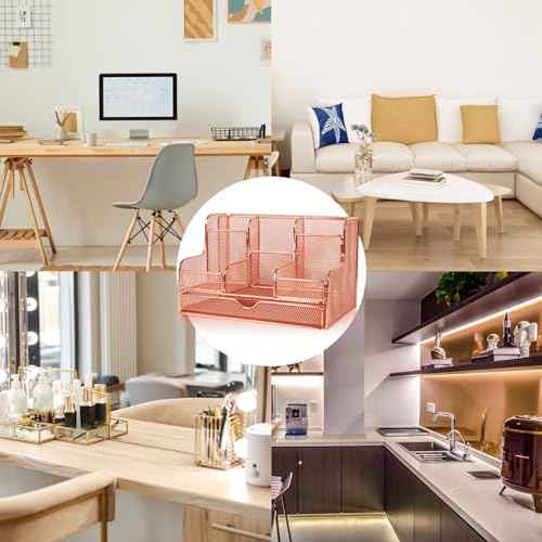 Barelove Rose Gold Desk Organizer with Sliding Drawer, Large Office Desktop Mesh Pen Pencil Holder Caddy Organization with 7 Compartments for Home School Supplies Stationery Book IPAD, Christmas Gifts