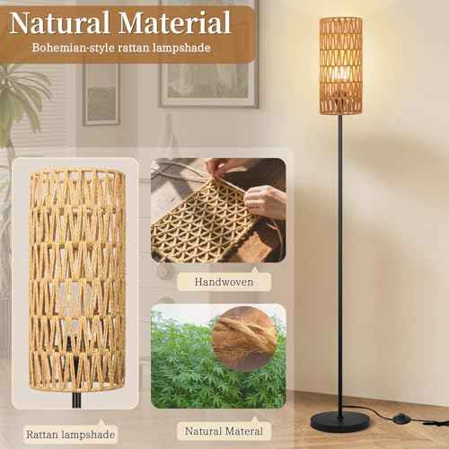 Floor Lamp for Living Room,Farmhouse Rattan Floor lamp,Modern Standing lamp with 3 Color LED Bulb,Black Tall Lamp with Foot Switch