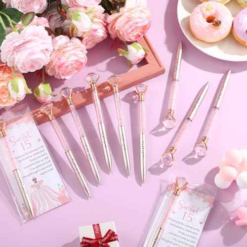 50 Sets Quinceanera Party Favors Sweet 15th Thank You Gifts Big Crystal Diamond Pens with Thank You Cards Retractable Ballpoint Bling Pens 15 Birthday Mis Quince Gifts for Guests (Rose Gold)