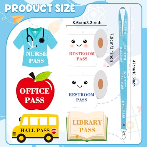 Cute Set of 6 PVC Classroom Passes with Lanyards - School Supplies, Office & Library Access, Teacher Organizer (Sereliy)