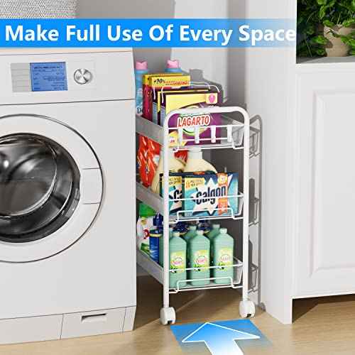 OVICAR Mesh Wire 3 Tier Rolling Cart, Kitchen Storage Utility Cart, Multifunction Basket Stand for Bathroom, Full Metal Storage Art Trolley Carts with Wheels & 4 Side Hooks (White)