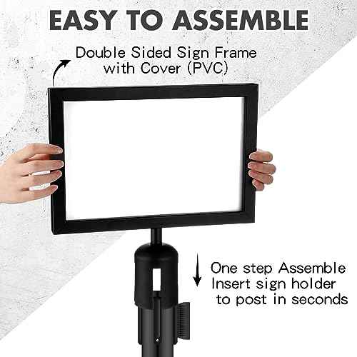 Kigley 2 Pack Stanchion Sign Holder Portrait Top Stand Poster Landscape Display 8.5" x 11" Paper Size Double Sided Sign Frame with Cover for Crowd Control Sentry Stanchions Queue Barrier, Black