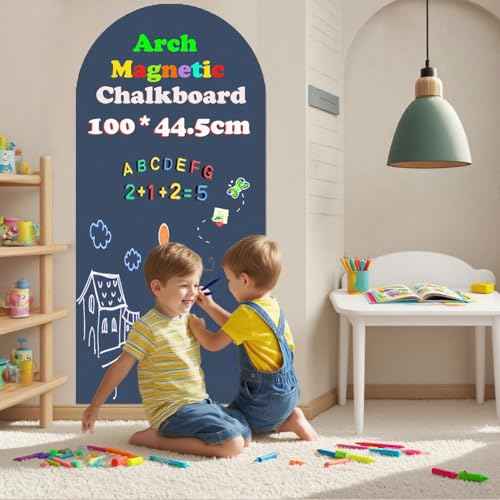 Magnetic Arch Wall Decal 39.3"x17.5" Chalkboard Contact Paper Peel and Stick Self Adhesive Magnetic Wall Board Sticker with 36 Magnet Letters for Kid Chalk Board Wallpaper Roll (Dusty Blue)