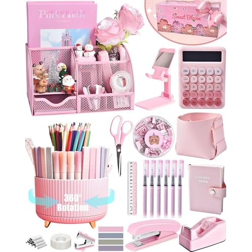 Pink Desk Organizers and Accessories With Mesh Desk Organizer and 360¡ÆRotating Pen Holder and a Lot of Office Pink Office Supplies Beautifully Presented in a Gift Box Christmas Gifts