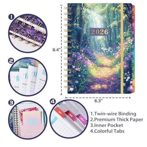 2026 Planner - Planner 2026 Weekly and Monthly from Jan.2026 - Dec.2026, 8.5'' X 6.4'', Weekly Monthly Planners 12 Month with Colorful Tabs, Back Pocket - Forest Path