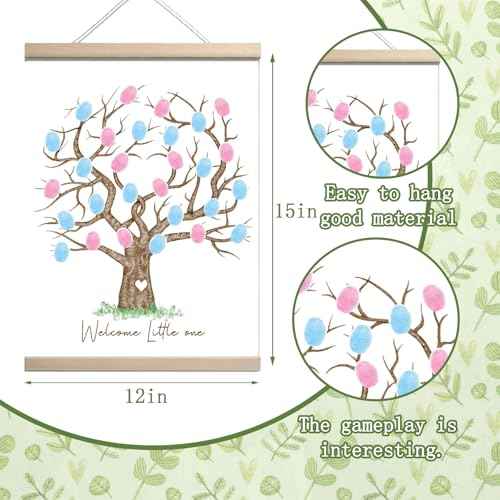 QZCYU Gender Reveal Fingerprint Tree Canvas Guest Books, Baby Shower Decorations, Gender Reveal Party Decorations Gifts Ideas, Baby Shower Party Supplies, Thumbprint Hanging Paintings(12x15in)