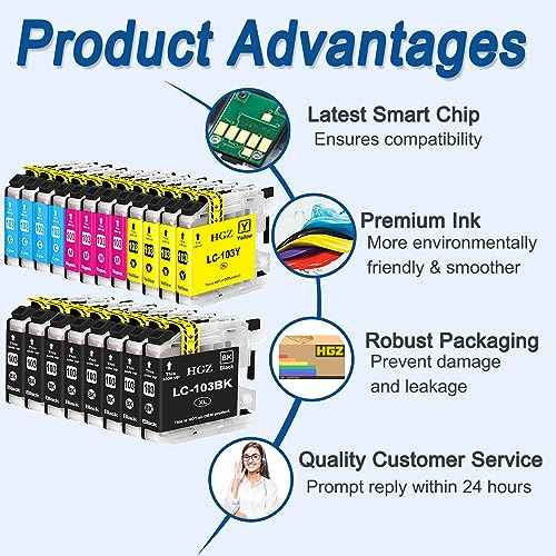 HGZ LC103XL Compatible Ink Cartridges Replaccement for Brother LC103XL LC103 LC101XL LC101 work for MFC-J870DW MFC-J6920DW MFC-J6520DW MFC-J450DW MFC-J470DW Printer (8BK, 4C, 4M, 4Y, 20-Pack)