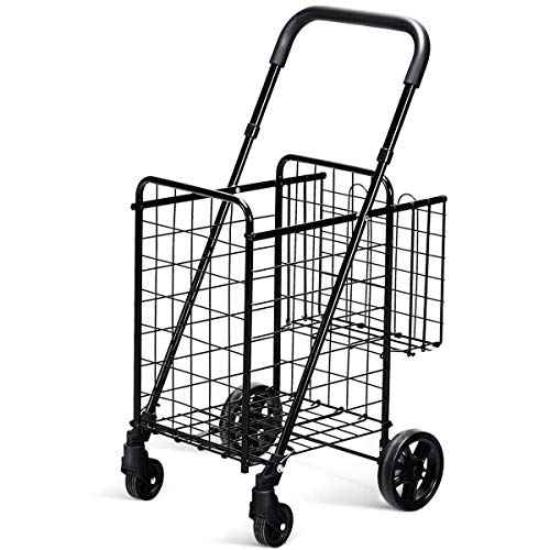 Goplus Folding Shopping Utility Cart, Double Basket and 360¡Æ Swivel Wheels, Adjustable Handle, Small Cart Perfect for Grocery Laundry Book Luggage Travel