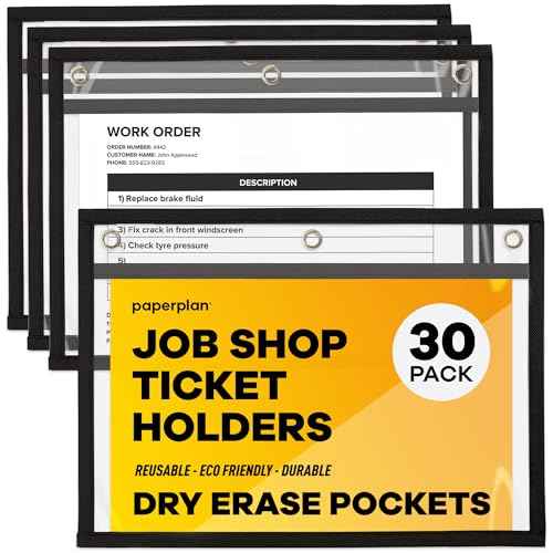 Job Ticket Holders 9x12 - (30 Pack), 8.5 x 11 Letter Size, Dry Erase Pockets, Clear & Black Plastic Sleeves - Reusable, Water-Resistant