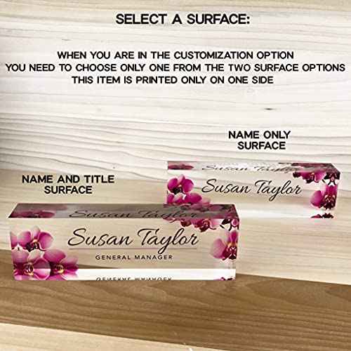 Artblox Custom Desk Name Plate - Orchids Design on Clear Acrylic Glass - Personalized with Your Name and Credentials for Office