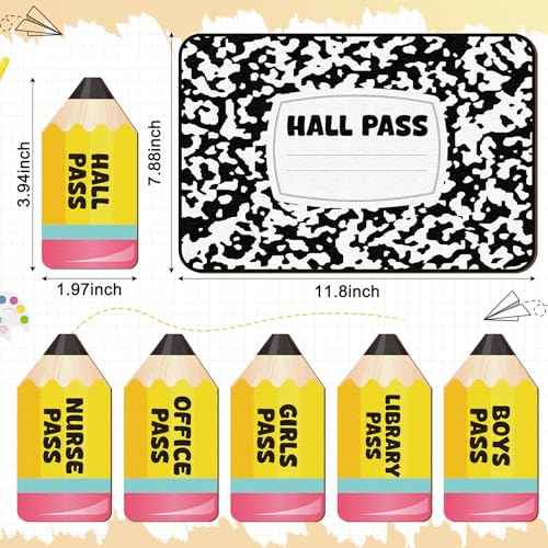 7 Pcs Hall Passes for Classroom Include 1 Hall Passes Chalkboard with 6 Pack of Pencil Shape Hall Passes Bathroom Passes for Classrooms Elementary School Teacher Gift