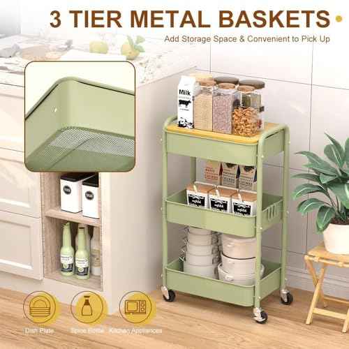 3 Tier Metal Utility Cart, Rolling Storage Cart with Wooden Tabletop, Metal Organizer Cart with Lockable Wheels for Office, Bedroom, Kitchen and Living Room (Green)