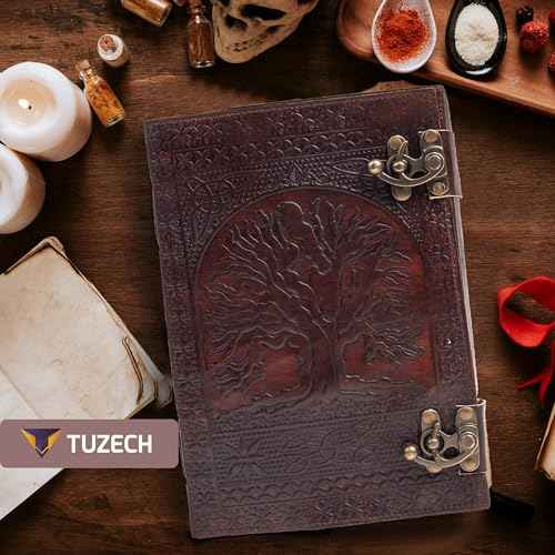 TUZECH 600 Pages Handmade Large Leather Journal Diary Embossed Tree of Life Book Of Shadows Notebook Writing Seven Chakra Grimoire Sketchbook 7 x 10 Leather Bound (Brown)
