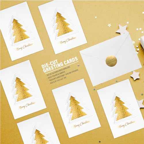 36 Christmas Greeting Cards with Gold Foiling Xmas & Embossing,3D die-cut Christmas tree featuring ,6.75 x 4.5 Inch Merry Christmas Cards with Seal Stickers For Friends, Family and loved Ones ( 1 Pack