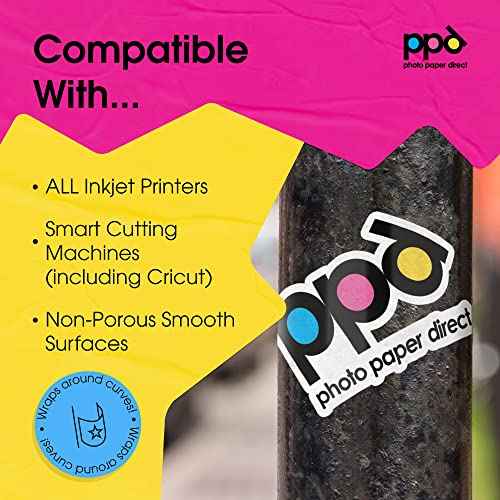 PPD Premium Printable Vinyl Sticker Paper for Inkjet Printer - 50 Sheets Glossy Sticker Paper 8.5 x 11 - Self-Adhesive, Waterproof, Tear Resistant, Instant Dry - PPD-36-50