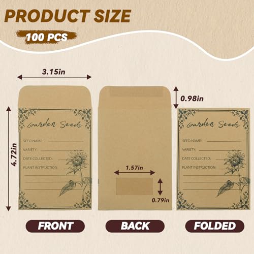Seed Saving Envelopes 100 Pack with Clear Window, 4.72 x 3.15 Inch Kraft Storage Bags