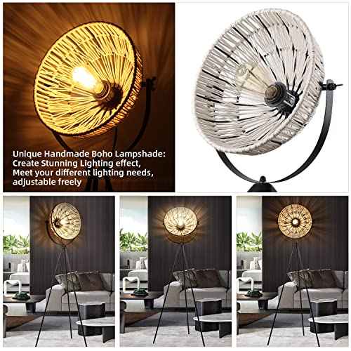 Novelty Tripod Floor Lamps with Boho Hand-Woven Lampshade,Mid Century Standing Lamp,Adjustable Tall Pole Floor Lights/Table lamp for Living Room,Games Room,Home Office Decor