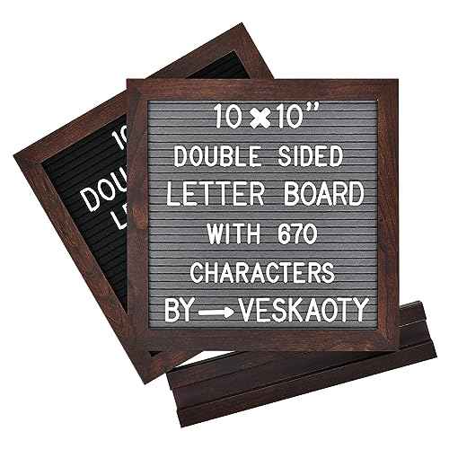 Double Sided Felt Letter Board with 670 Letters, Numbers & Symbols - 10 x 10 inch Changeable Message Board with Wooden Base (Black & Gray)