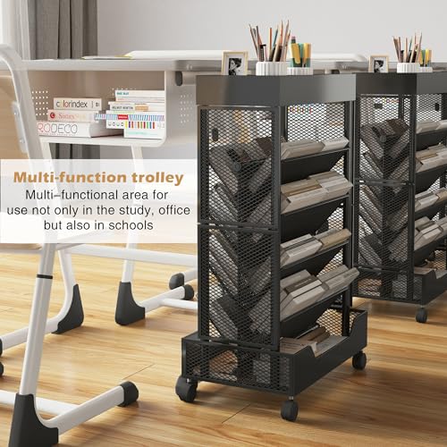 COVAODQ Book Cart with Wheels Mobile Bookshelf Rolling Bookshelf Organizer Bookcase Book Storage Rack, Book Movable Rolling Carts with Wheels for Home School Office 5-Tier, Black