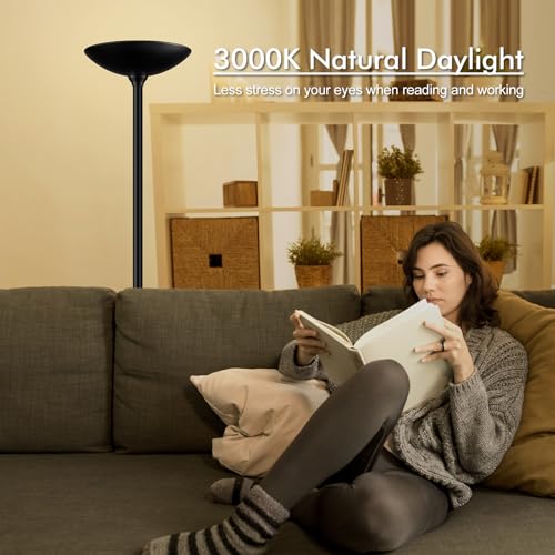30W Torchiere Floor Lamp - 3600LM Super Bright LED Floor Lamp, 71 Inch Stepless Dimmable Standing Lamp with 3000K Lighting, Rotary Switch, Tall Metal Torch Floor lamps for Living Room/Bedroom (Black)