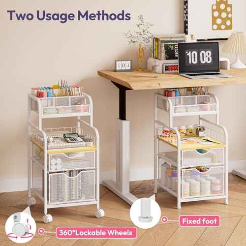SWTYMIKI Rolling Cart with Drawers - Metal Utility Cart with Wood Shelf, DIY Divider and Locking Wheels, Craft & Art Cart Organizer for Under Desk Storage for Home Office Studio, White