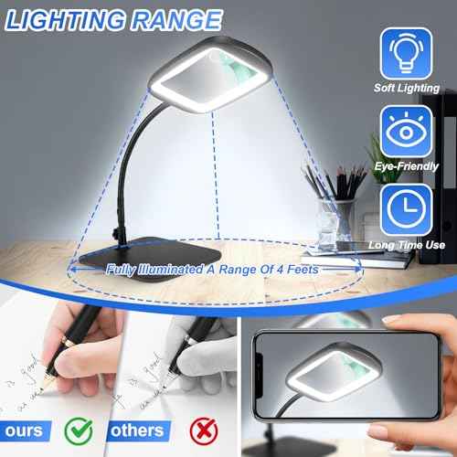 10X 30X 7 Inch Extra Large Magnifying Glass with Light and Stand, 5 Color Modes Magnifying Lamp Adjustable Lighting Level, Flexible Gooseneck Hands Free Reading Magnifier for Books Crafts Close Work