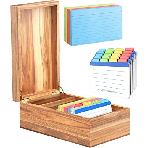 Neando 3x5 Index Card Organizer Box with Lid ? Acacia Wood Note Card Holder with 200 Cards & 20 Dividers, Holds 600 Cards, 4 Compartments, Magnetic Closure ? Desktop Storage for Study, Office, Recipes