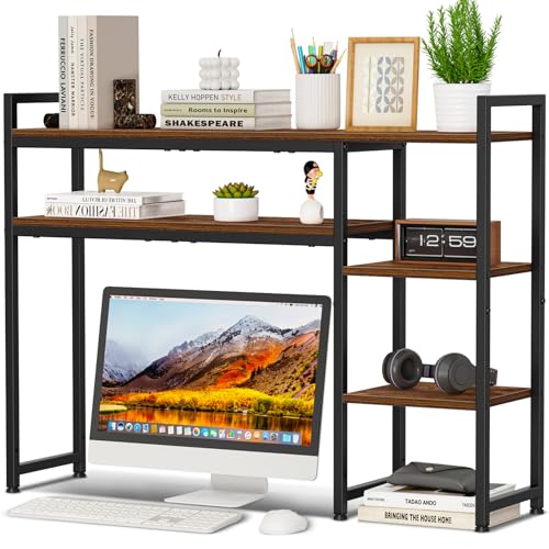 Snughome Desk Shelf, 38.6" Adjustable Desktop Organizer Shelf, Desk Hutch for Computer Monitor Stands, 4 Tier Desktop Display Rack, Wood Desktop Bookshelf Storage Rack for Home Office Dorm