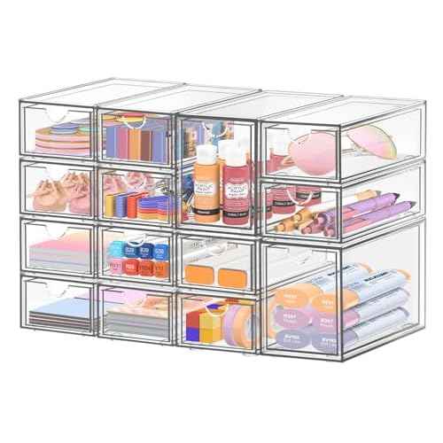 Desk Organizer with 14 Drawers, FODIENS 14 Packs Acrylic Stackable Desktop Storage Drawer Makeup Organizer, Clear Craft Storage Box Cabinets for Office Vanity Countertop Bathroom Bedroom