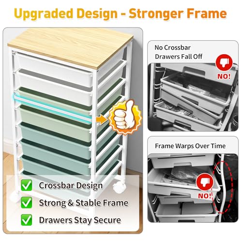 SUNALLY Green Rolling Cart with 8 Drawers, Heavy-Duty Storage Organizer