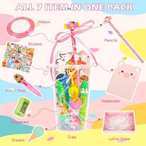 LiYiQ 247 Pcs Return Gifts for Birthday, Student Birthdays Gifts from Teacher, Stationery Set for Classroom Gifts, Pencil Erasers Notesbook Stickers for Classroom Birthday Goodie Bags Rewards Prizes