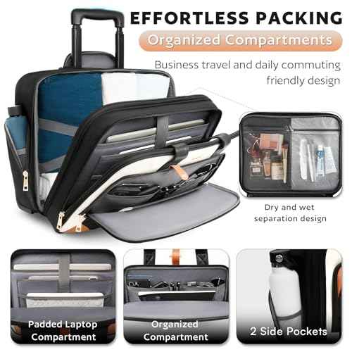 Rolling Laptop Bag, Rolling Briefcase for Women with Waterproof Pocket, 17.3 Inch Computer Bag, Underseat Carry On Luggage with Wheels for Work Travel Business, Lightweight Beige Brown