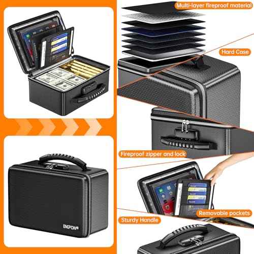 ENGPOW Fireproof Money Box, Small Hard Case Fireproof Box with Fireproof Zipper £¦ Lock, 6400¡ÆF Heat Insulated Fireproof Water Resistant Safe Box for Cash, A5 Document, Passport and More, Black
