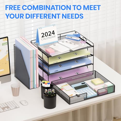 Black 4-Tier Desk Organizer with Drawer & Pen Holders - Office Storage Solution
