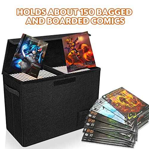 2-Pack Comic Book Storage Boxes, Collapsible Comics Book Case with Dividers and Carrying Handles, Comic Short Box Holds 150 Comics, 15.5" X 7.5" X 11.3" Heavy-Duty Stackable Case